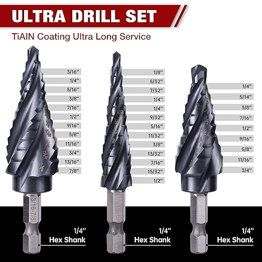 Four Spiral Flute Cobalt Step Drill Bit, 3pcs(1/4"-7/8") M35 Cobalt Step Drill Bit Wear-Resistant AlTiN Coated, 1/4" Hex Shank Hole Drill in Stainless Steel, Copper, Aluminum, Wood, Plastic