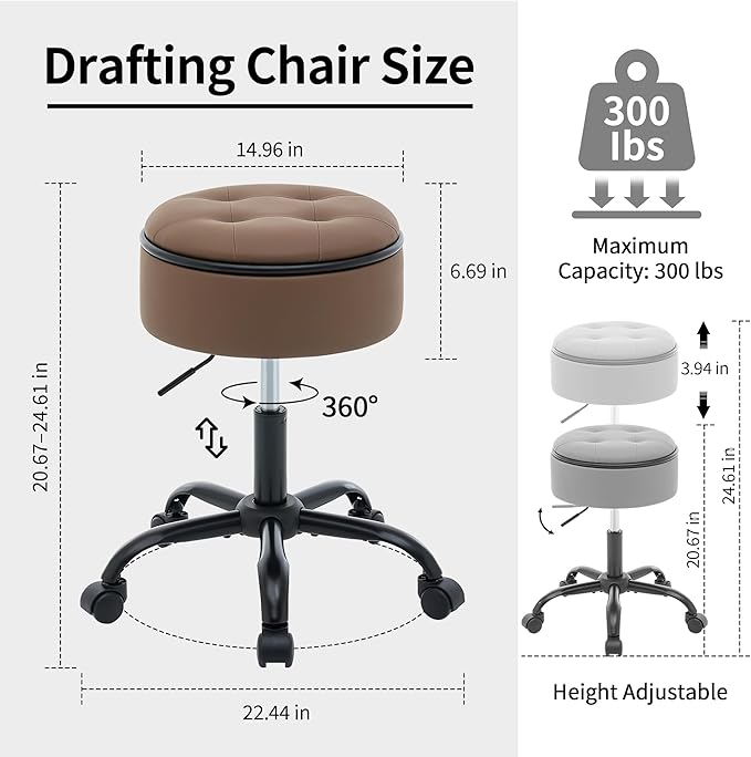 Drafting Chair with Storage, Adjustable Desk Stool with Wheels 20.67"-24.61", Coffee Brown Ergonomic Office Stool