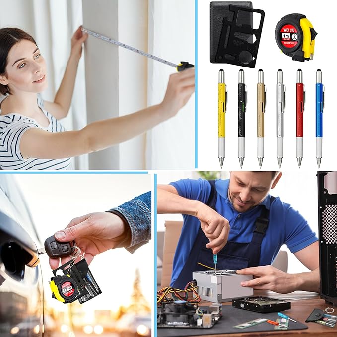 24 Pcs Mini Tape Screwdriver Keychain Set Christmas Men Gifts Bulk Adult Party Favors Multitool Pen Card Tool Measuring Keychains Stocking Christmas Stuffers for Men Dad (Multicolor)
