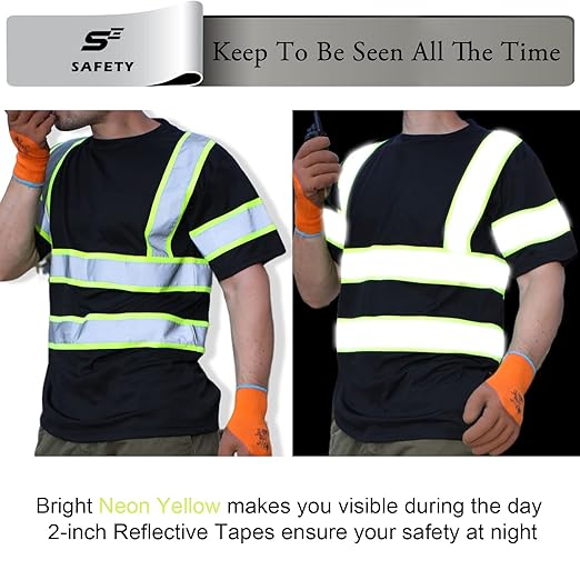 sesafety High Visibility Shirts for Mens Class 3 Hi Vis Reflective Construction Shirts for Men with Pocket Safety T Shirts for Men Work Shirt for Mens Short Sleeve Black Yellow Strips l