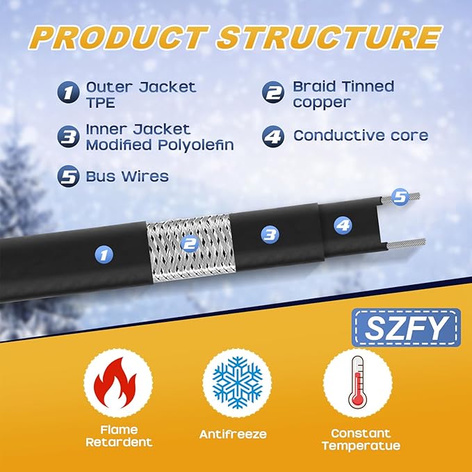 3FT~200FT Heat Tape for Water Pipes, -40°F Deicing Cable,Pipe Heat Cables for Roof,Gutter，Farm，Freeze Protetion Heating Wires, Heated Water Hose,Plumbing Fixtures,120V 5W/FT (30FT)