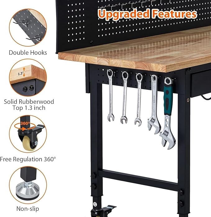 60" Heavy Duty Adjustable Workbench with Drawer Storage, Large Pegboard & Strip Light - 2000 LBS Capacity, 4 Lockable Casters for Garage, Workshop, Home