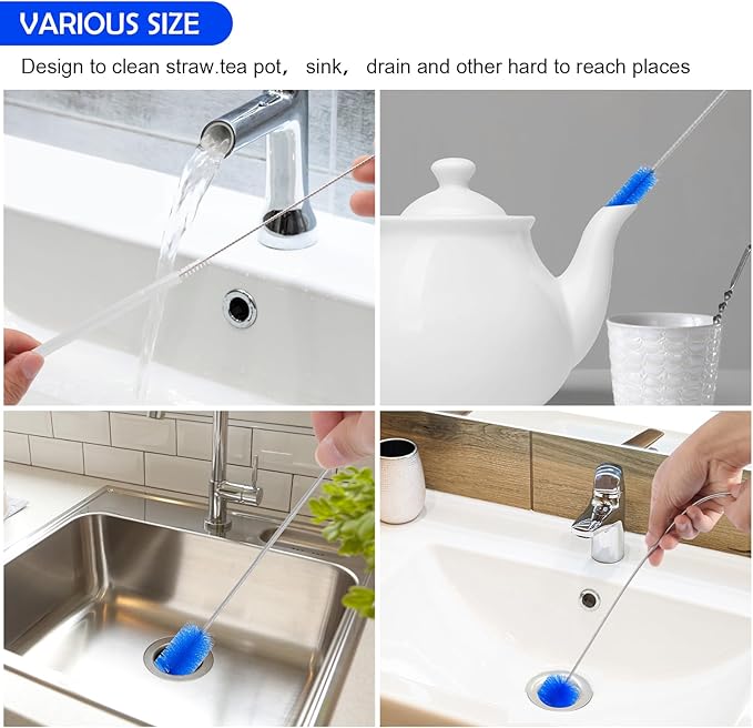 6Pcs Flexible Drain Brush 78 Inch Pipe Cleaning Brush 63 Inch Drain Cleaner Brush 59 Inch Hose Brush and 3 Pcs 9 Inch Straw Cleaner Brush for Straws Kitchen Sink Plumbing and Shower Drain Tube(Blue)