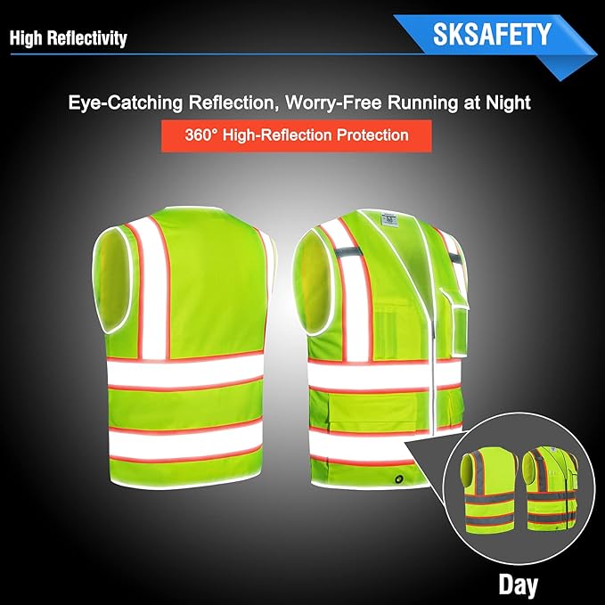 SKSAFETY 10 Pockets Safety Vest, Class 2 High Visibility Security with Zipper, Hi Vis Vest with Reflective Strips, ANSI/ISEA Standard, Construction Work Vest for Men ＆ Women （Lime, 5XL）