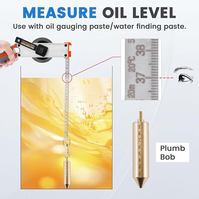 YJINGRUI 98ft/30M Oil Tank Gauging Tapes, Explosion Proof, Stainless Steel Oil Gauging Tape with 350g Brass Plumb Bob, Bent-Handle