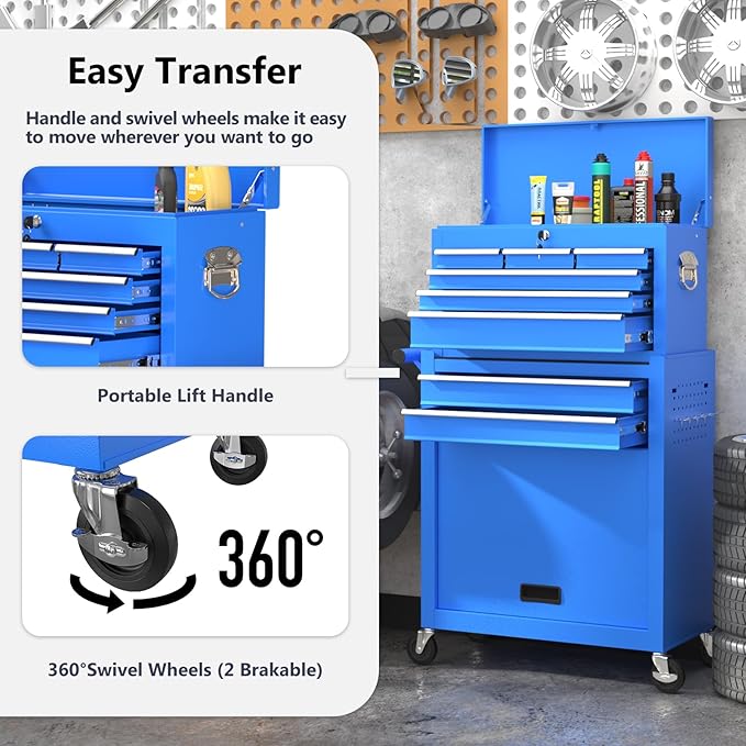 8 Drawer Tools Chest,42.9 inch Tool Cabinet with Universal Lockable Wheels，Organizable Tool Box with Detachable Top Box for Workshop，Blue