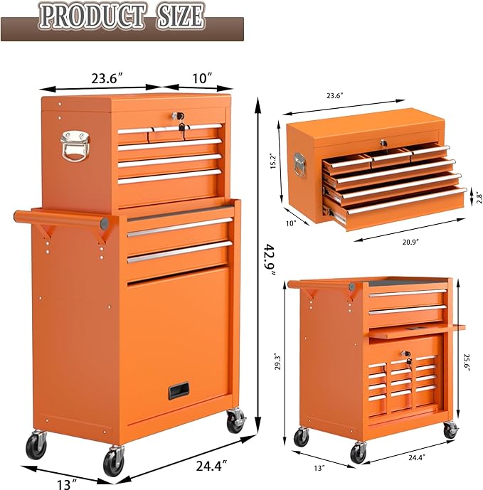 8 Drawer Tools Chest,42.9 inch Tool Cabinet with Universal Lockable Wheels，Organizable Tool Box with Detachable Top Box for Workshop，Orange