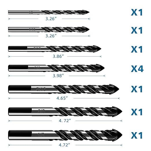 10-Piece Masonry Drill Bit Set for Concrete Tile Glass Ceramic Brick,1/8 to 1/2 Inch Drilling Bits with Triangle Handle,Tungsten Steel Alloy Tip.（Black）