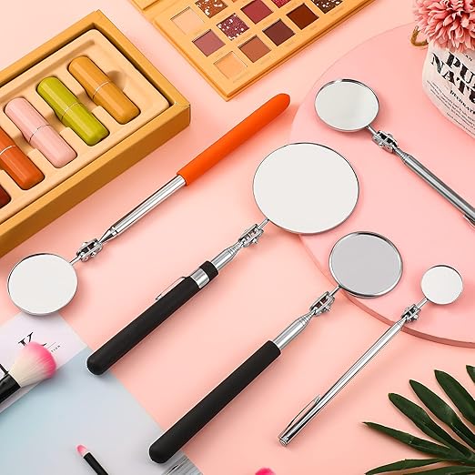5 Pcs Telescoping Inspection Mirror Set Round Stainless Steel Mirror 360 Rotation Adjustable Inspection Tool with Long Handle for Check The Vehicle, Observe The Eyelashes, Mouth(Classic Style)