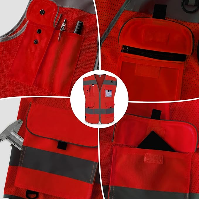TCCFCCT Mesh Safety Vest for Men Women 9 Pockets High Visibility Reflective Vest for Safety, Work Vest with Reflective Strips, Meets ANSI/ISEA Standards, (Red, X-Large)