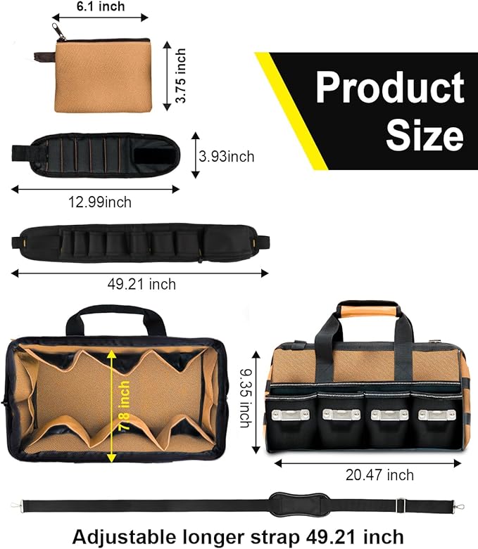 20 Inch Heavy Duty Tool Tote-48 Pockets,1680D Tear&Abrasion Resistant,Includes Tool Pouch,Tool Belt,Magnetic Wristband&Adjustable Shoulder Strap | Tool Organizer(Brown)