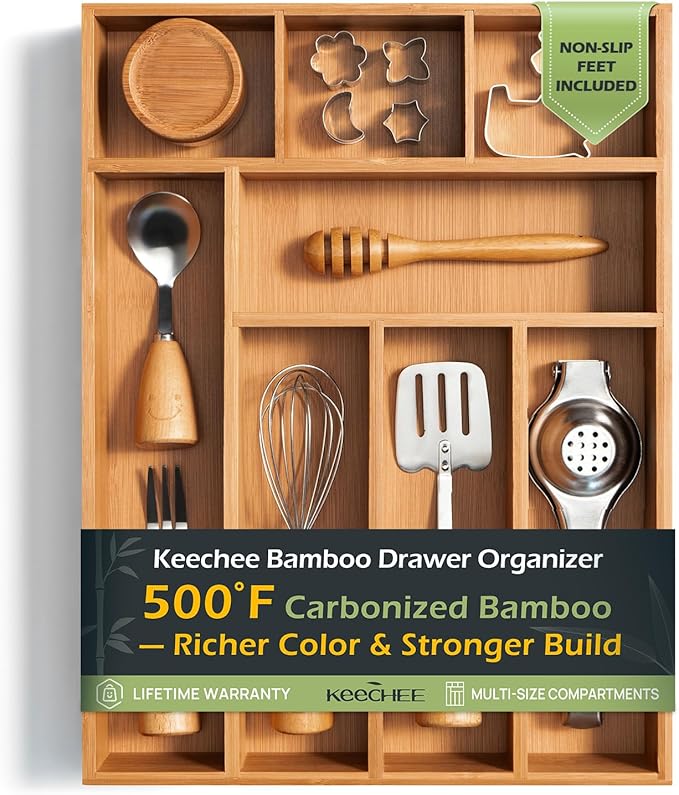 Carbonized Bamboo Kitchen Drawer Organizer, 8 Slots Silverware Organizer, Utensil Holder & Cutlery Tray, 2.2" Deep for Extra Capacity, Non-Slip Feet Included