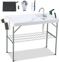 AHB 42" Outdoor Sink Fish Cleaning Table Portable Camping Table with Faucet Hose Hook Up Grid Rack, Fish Fillet Camping Sink Table with 7pc Fish Cleaning Kit for Picnic Beach Patio
