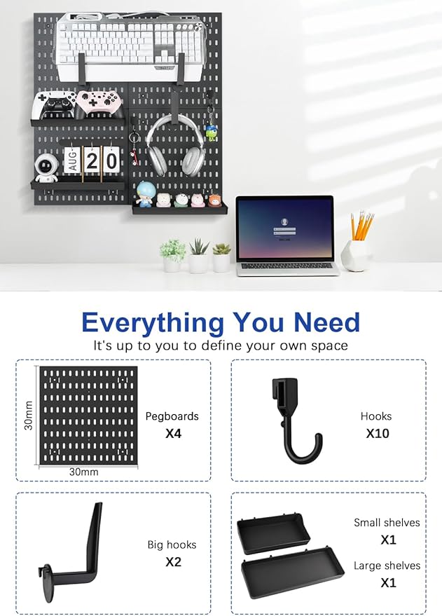 Pegboard Wall Organizer Kit – Heavy Duty 20lbs Load Bearing, Easy Installation, 4 Peg Board Panels 14 Accessories – Multi-Surface Use For Garage, Office, Kitchen & Crafts (Black Pegboard,24″×24″)