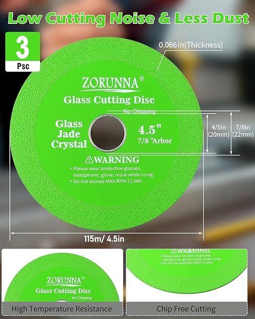 Glass Cutting Disc for 4-1/2" Angle Grinder, 3 Pack Glass Cutter Blade, Green Diamond Cutting Blade Disc 7/8" (Model 115/125) for Grinding Ceramic, Tile, Wine Bottles, Jade, Crystal.