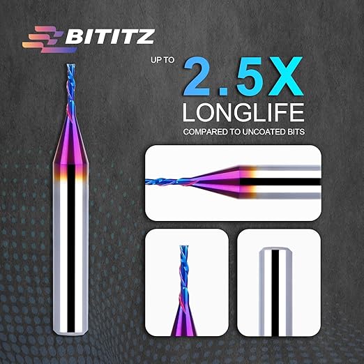 Downcut Spiral Router Bit 1/4 Inch Shank 1/16 Inch Cutting Diameter 1/4 inch Cutting Length with Extra Long Life Coating CNC Router Bits End Mill for Wood Cutting, Slot Mortise, Engraving
