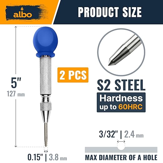 ALBO Spring Loaded Center Punch Tool – 5 Inch Automatic Punch for Metal, Wood & Steel – Heavy Duty Drill Punch with Non-Slip Comfort Cap, Galvanized Finish & Precision Tip for Accurate Marking (2pcs)