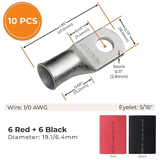 SELTERM 10pcs - 1/0 Awg - 5/16" Stud - Battery Lugs - Ring Terminal Connectors with 12pcs 3:1 Black & Red Heat Shrink Tubing with Adhesive | Heavy Duty Battery Cable Ends - Tinned Copper Wire Lugs Kit