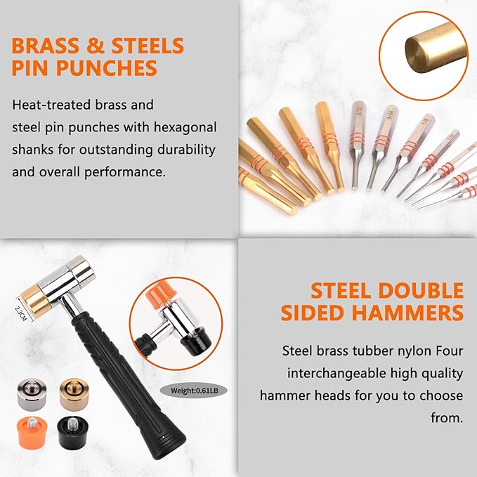 Pridefend Punch Set,Brass Punch Set and Roll Pin Punch Set Made of Solid Material Including Steel Pin Punch Set and Bench Block, Hammer with Detachable Heads,Punch Set with Portable Storage Case