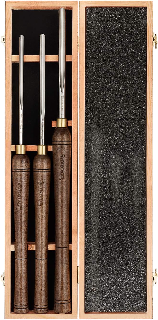 3-Pieces HSS Bowl Gough Lathe Chisel Set Wood Turning Tools with Wooden Box, 1/4-Inches, 3/8-Inches and 1/2-Inches