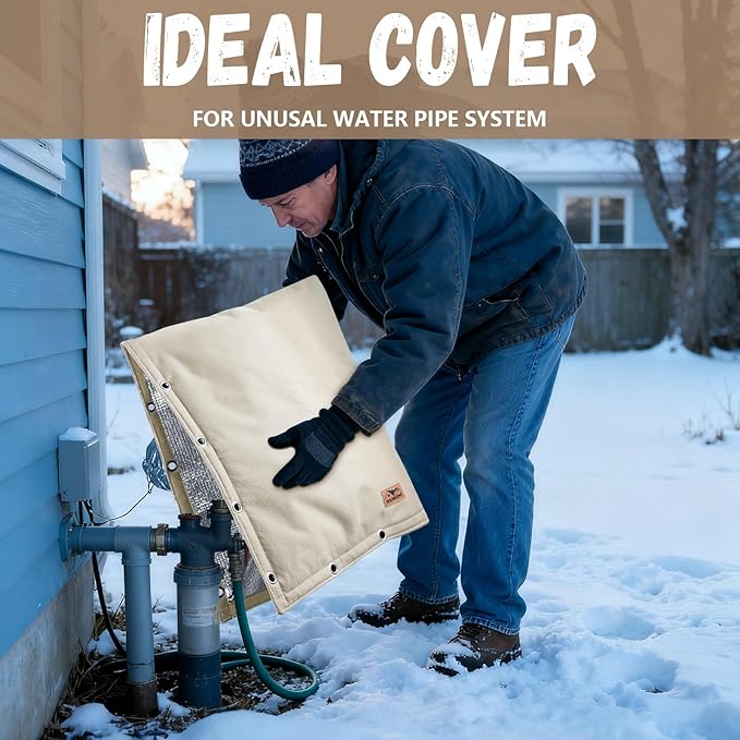 Backflow Preventer Insulation Cover - 2 Way Opening Pipe Insulation Cover for Irrigation Valve, Sprinkler Cover for Outside - Winter Freeze Protection Backflow Cover - 18" W x 34" H, Beige