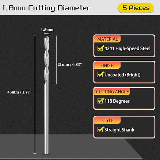 Drill Bit, 1.8mm Cutting Diameter, 4241 HSS 118° Cutting Angle Uncoated Bright Versatile Jobber Bits - (Applications: for Drilling Plastic Wood Soft Metal), 5-Pieces