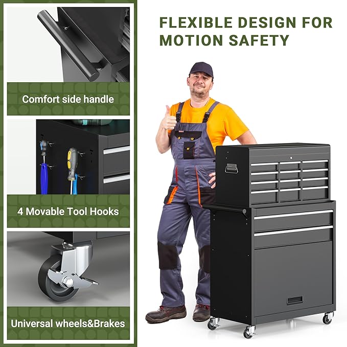 Tool Chest, 8-Drawer Rolling Tool Storage Cabinet with Enhanced Packaging, Detachable Top Tool Box, Metal Tool Cart with Hooks and Liners, for Garage, Workshop, Black