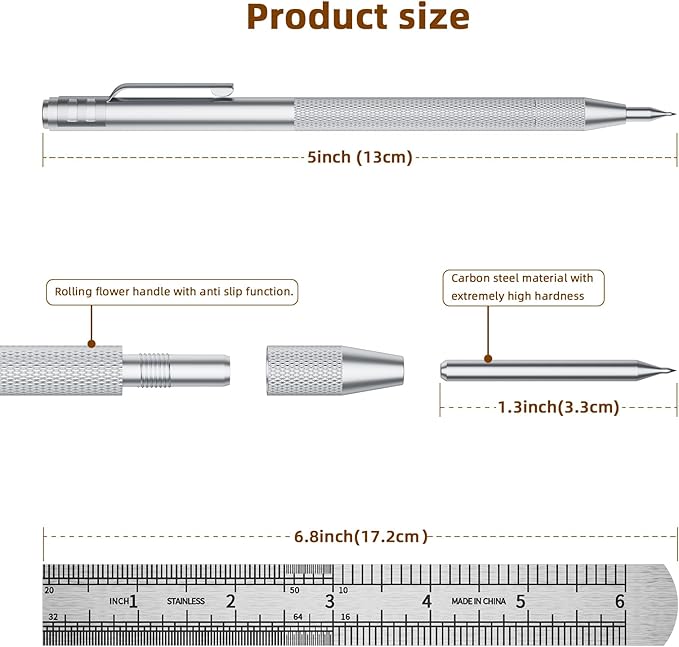 5-Pack Tungsten Carbide Scriber, Metal Scribe Tool with 25 Replacement Marking Tips & Steel Ruler - Knurled Aluminum Handle & Magnet, Engraving Pen for Glass/Ceramics/Metal Sheet (5)