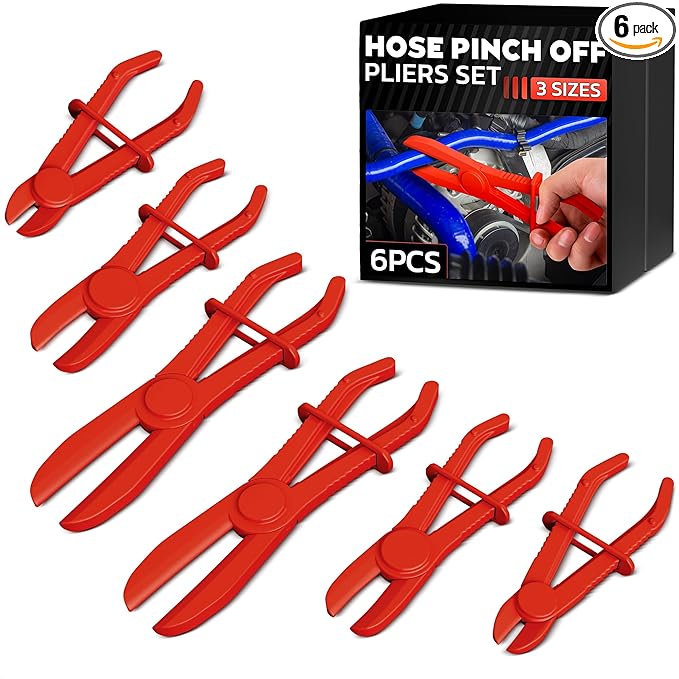 Hose Pinch Off Pliers Set – 6Pcs Nylon Clamp Tools for Fuel, Coolant & Brake Lines – Non-Conductive Hose Locking Pliers for Automotive Repairs – Rust-Proof with Secure Lock Buckle & Anti-Slip Handles