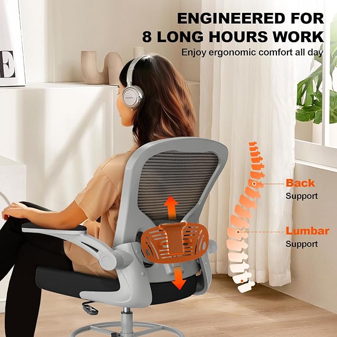 Ergonomic Drafting Chair, Tall Office Chair with Flip-up Armrests, Breathable Mesh High Desk Chair with Lumbar Support Adjustable Footrest Ring for Standing Desk Grey Black