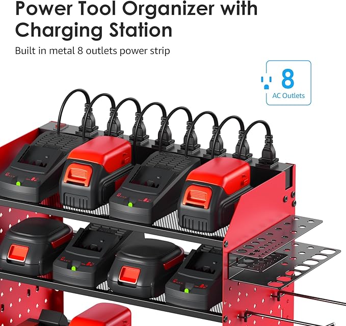 CCCEI Modular Pegboard Rack Power Tool Organizer with Charging Station. 4 Layer Wall Mount Drill Holder, Red Tool Battery Charger Organizer. Garage Shop Storage Utility Shelf with Power Strip.