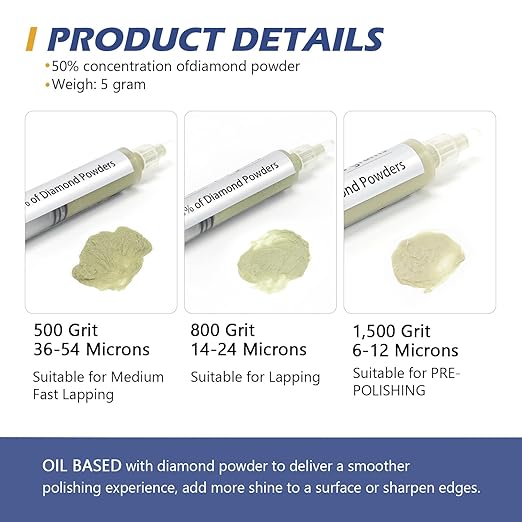 SCOTTCHEN 3Pcs Diamond Polishing Paste, 500/800/1,500 Grit, 36-54/12-25/6-12 Microns Lapping Compound with 50% Concentration of Diamond Powders for Jewelry, Metal, Ring, Glass, Coin, 5 Gram Each