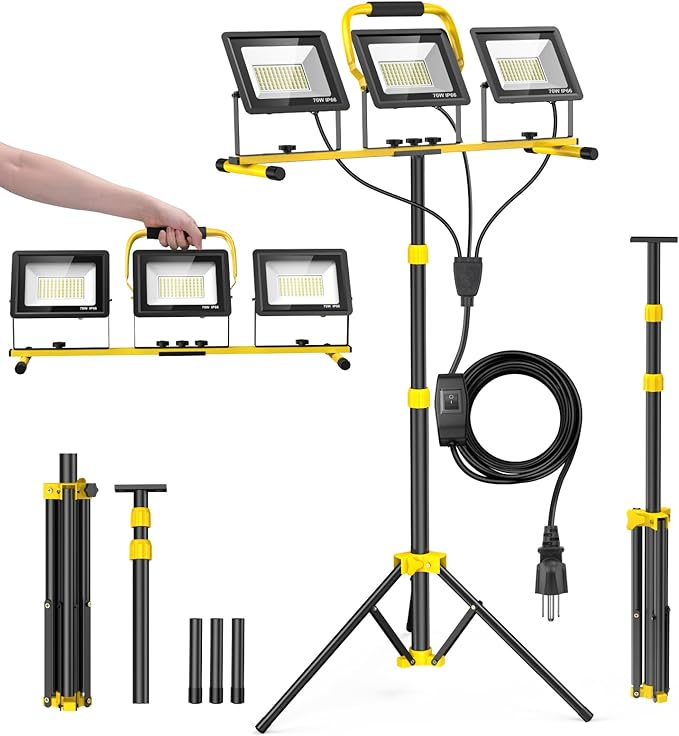 21000Lumen LED Work Lights with Stand, 3 Head Portable Work Light with 16FT Cord, IP66 Waterproof Tripod Worklights for Outdoor Indoor Job Site Workshop Garage Construction Site Lighting(3 Head)