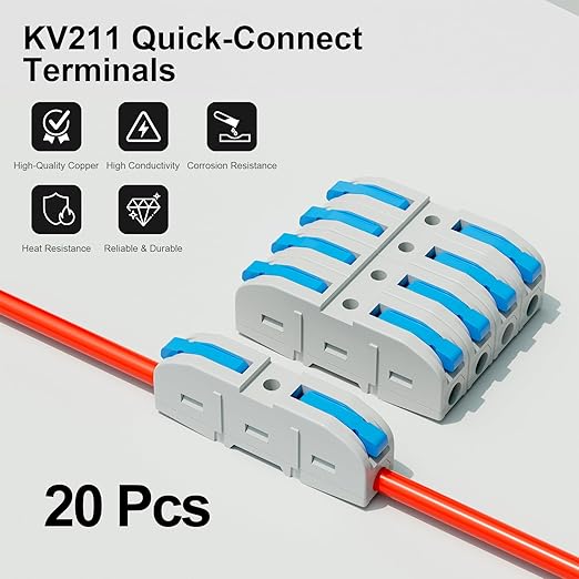 20Pcs Lever Wire Connectors, 1 Conductor Splicing Compact Splitter Docking Terminal Block Electrical Connectors for 26-12 AWG, 600V 32A (Blue)