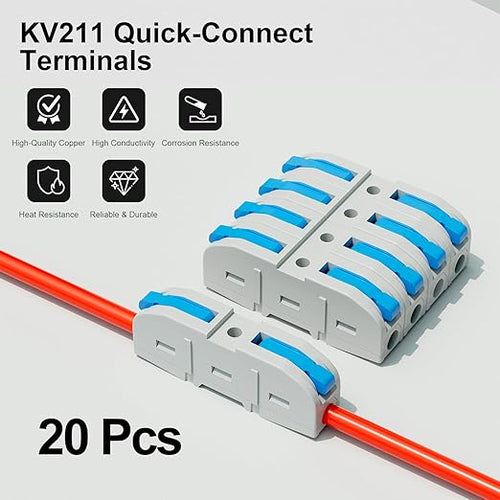 20Pcs Lever Wire Connectors, 1 Conductor Splicing Compact Splitter Docking Terminal Block Electrical Connectors for 26-12 AWG, 600V 32A (Blue)
