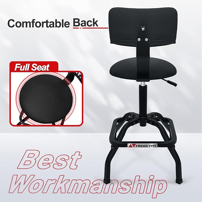 Shop Stool with Backrest, Mechanic Garage Stool for Workshop, Adjustable Stool Chair, Padded Workbench Stool for Men Women, 300 LBS Capacity, 360° Swivel PVC Seat, Heavy Duty, Black