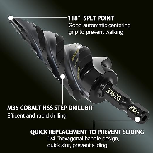 M35 Cobalt Step Drill Bit Four Spiral Flute, 3/16"-7/8" (12 Step Sizes) - Ideal for Metal, Stainless Steel, Wood, Plastic - 1/4" Hex Shank