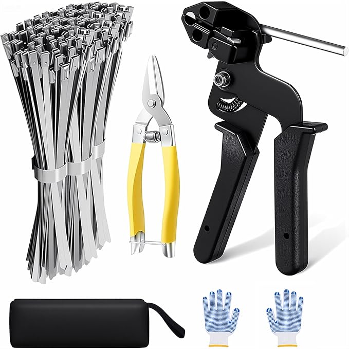 Stainless Steel Cable Tie Gun with Metal Zip Ties, for Fastening and Cutting Metal Cable Ties, 100pcs 11.8inch Stainless Steel Zip Ties heavy duty for Chain Link Fence, Exhaust Pipe Outdoor