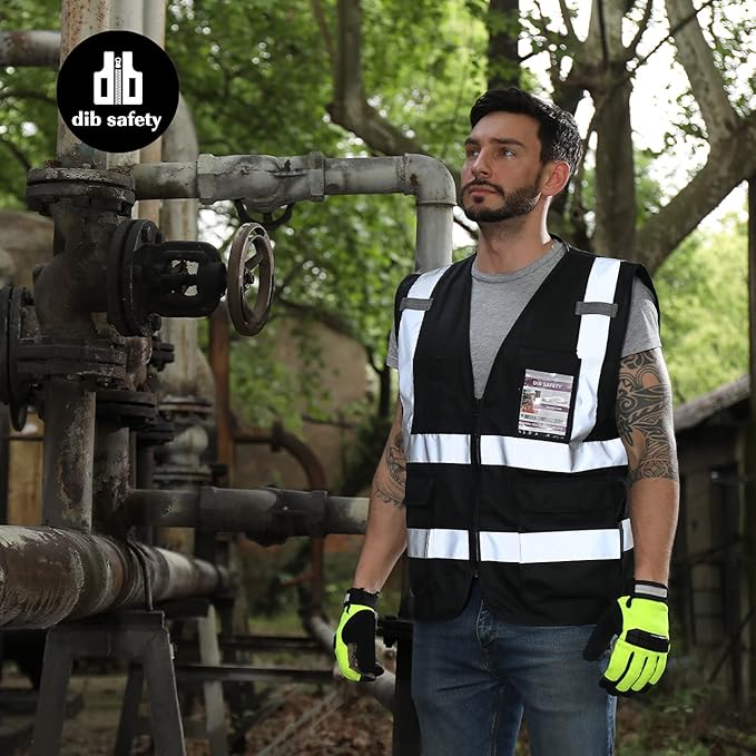 Dib Safety Reflective Vest High Visibility with Pockets and Zipper, Black S