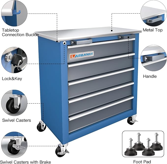 5-Drawer Rolling Tool Chest,Locking Metal Tool Cabinet with Drawer Liners,Non-Slip Pearl Cotton Mat,360° Wheels for Easy Move,Can be Used in Combination with The Seven-Drawer Tool Cabinet