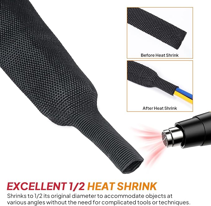 Black 2:1 Ratio Automotive Heat Shrink Braided Sleeving,Wear-Resistant Flat Woven Shrinkable Sleeve Fabric Car Cable Wires Hoses Protection (1-1/8"-26ft)