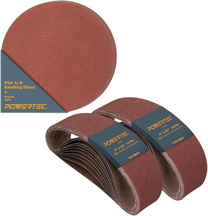 POWERTEC 30 PK 4x36 Sanding Belts, 10 Each of 80/120 Grits w/ 6 Inch 80 Grits PSA Adhesive Discs, Aluminum Oxide 4 x 36 Inch Sanding Belts for Benchtop Belt and Disc Sander, Woodworking (110291)