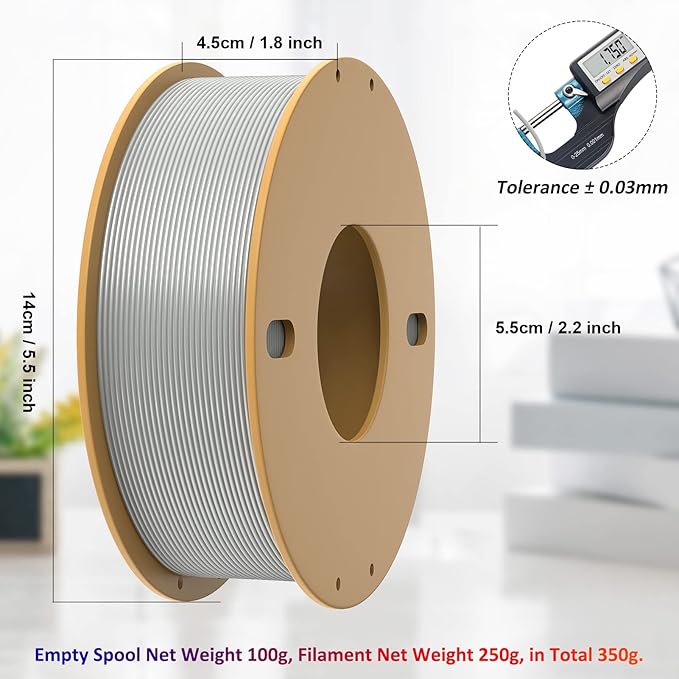 PLA+ 3D Printer Filament 1.75mm No Tangle, Neatly Wound Filament Net Weight 250g Spool, PLA Pro Plus,Silk Silver