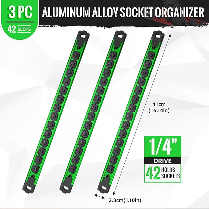 Magnetic Socket Organizer, 3-Piece Heavty Duty Aluminum Socket Holder, Socket Rail for Tool Box, Premium Quality 360° Swivel Socket Rack with 42 Clips for 1/4-Inch(Green)