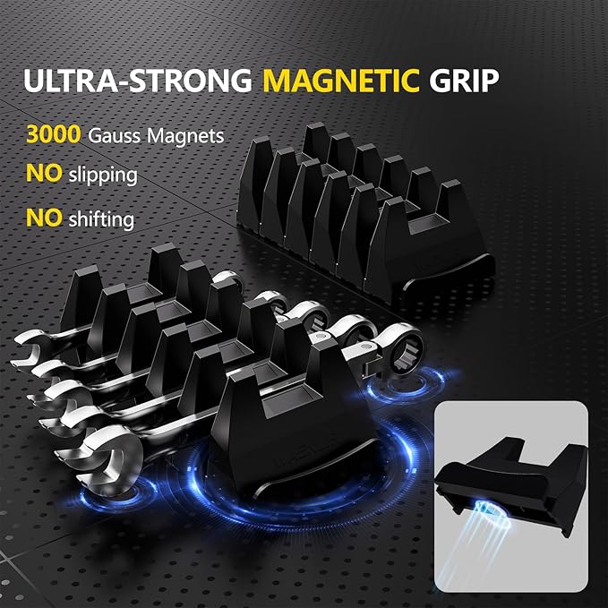 24PCS Magnetic Modular Wrench Organizer Set - Tool Drawer Storage Rack with Metric & SAE Labels, Wrench Holder with Magnet, Perfect Tool Gift for Men, father, boyfriend, DIYers & Mechanics (Blue)