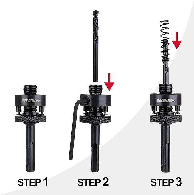 SDS-Plus Hole Saw Mandrel, Include 2Pcs Hole Saw Arbors with 3Pcs 1/4 Inch HSS(M2) Central Drill/2PCS Hex wrench/2Pcs Spring