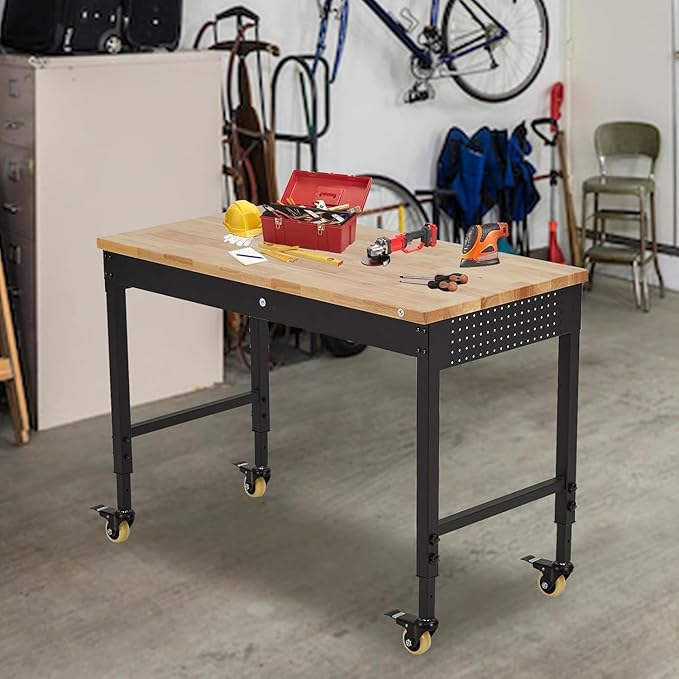 48x24 Inch Garage Workbench with Wheels, Adjustable Rubber Wood Top Garage Workbench with Power Outlet, 2000 Lbs Load Capacity, for Workshop, Woodworking, Office, Home.