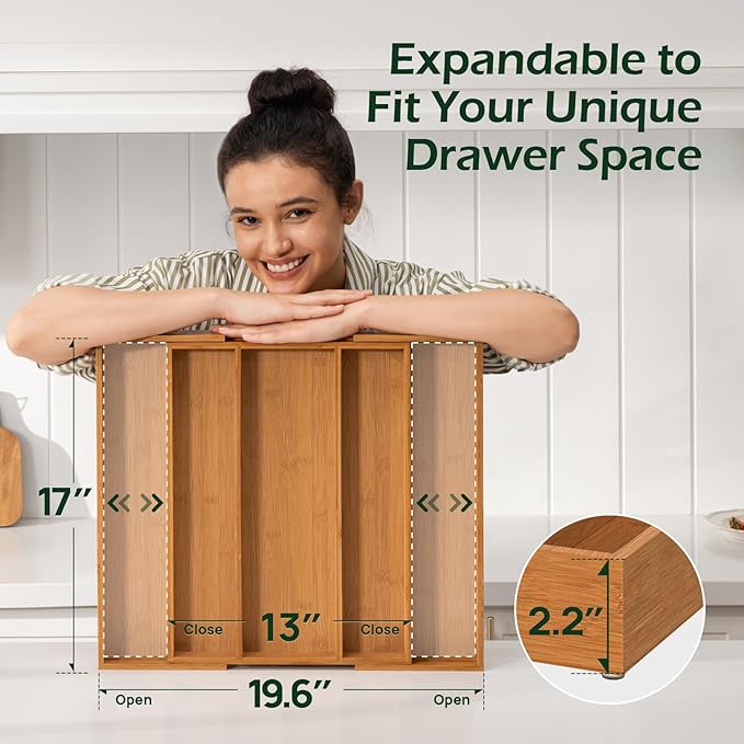 Carbonized Bamboo Kitchen Drawer Organizer, 5 Slots Expandable Silverware Organizer, Utensil Holder & Cutlery Tray, 2.2" Deep for Extra Capacity, Non-Slip Feet Included