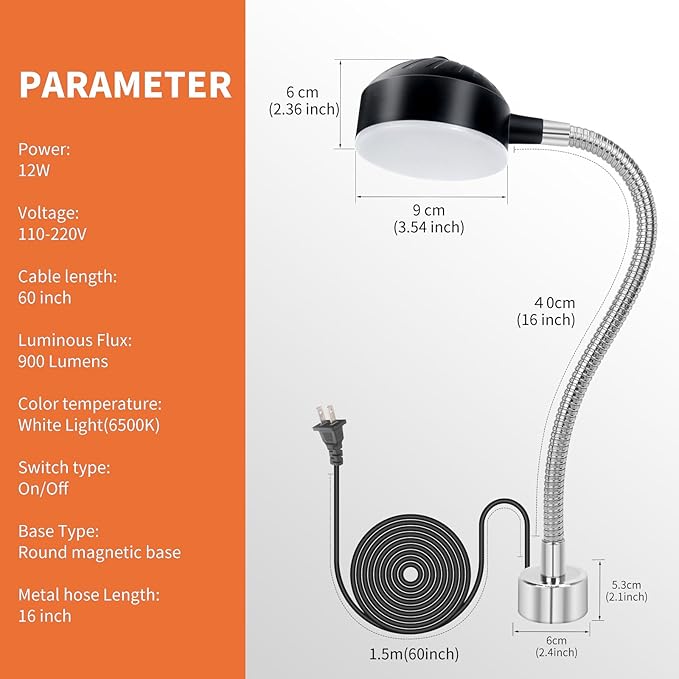 Magnetic Work Light, LED Machine Lights, Lathe Light, Flexible Gooseneck Lights with Magnetic Base, for Sewing Machine, Lathe, Grill, Work Bench, Industrial Lighting, 1200Lumens, Silver