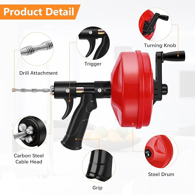 25 FT Plus Double Mode Drain Snake Tools, 13-in-1 Drain Auger for Sink and Drain Unblocking, Plumbing Snake for Kitchen, Bathrom and Shower Sink, Snake for Real DYIs[Upgraded 4.0]